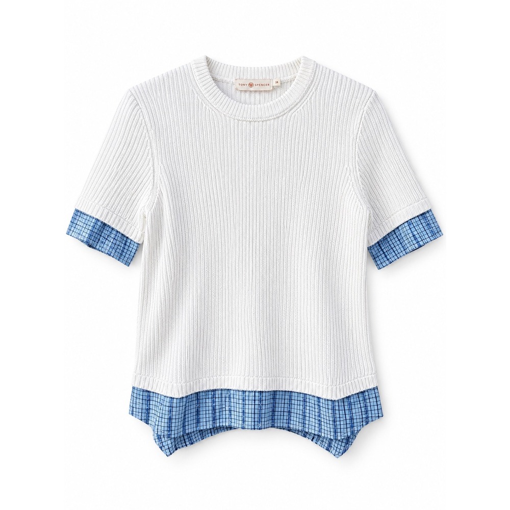 Tory Burch Blue Plaid Layered Rib Knit Short Sleeve Sweater Top Small‎